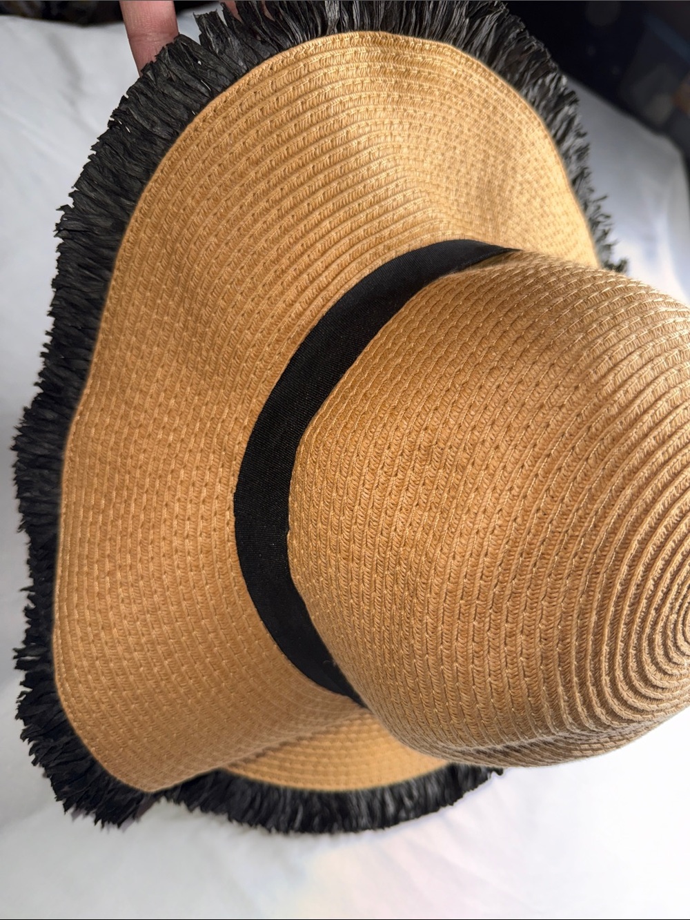 Tan Straw Sun Hat with Black Trim and Fringe